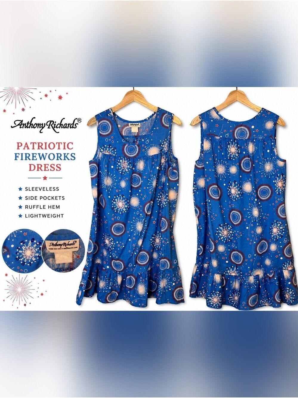 Vintage Anthony Richards Patriotic Fireworks Sleeveless Duster House Dress Large